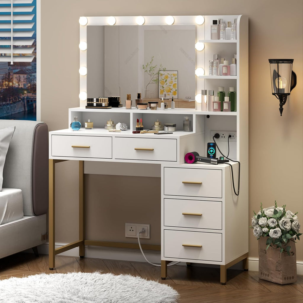 Loomie Large Makeup Table with Lighted Mirror & Power Outlet,Vanity Desk with 5 Drawers, Two Cubby & Shelf, Vanity Dresser with 11 Lights in 3 Lighting Colors for Bathroom, Bedroom,Makeup Room,White