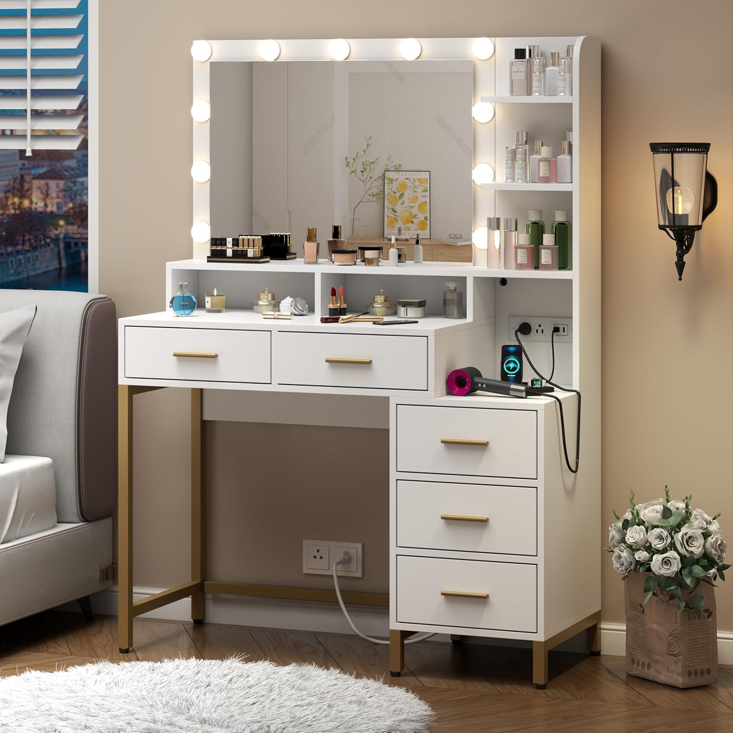 Loomie Large Makeup Table with Lighted Mirror & Power Outlet,Vanity Desk with 5 Drawers, Two Cubby & Shelf, Vanity Dresser with 11 Lights in 3 Lighting Colors for Bathroom, Bedroom,Makeup Room,White