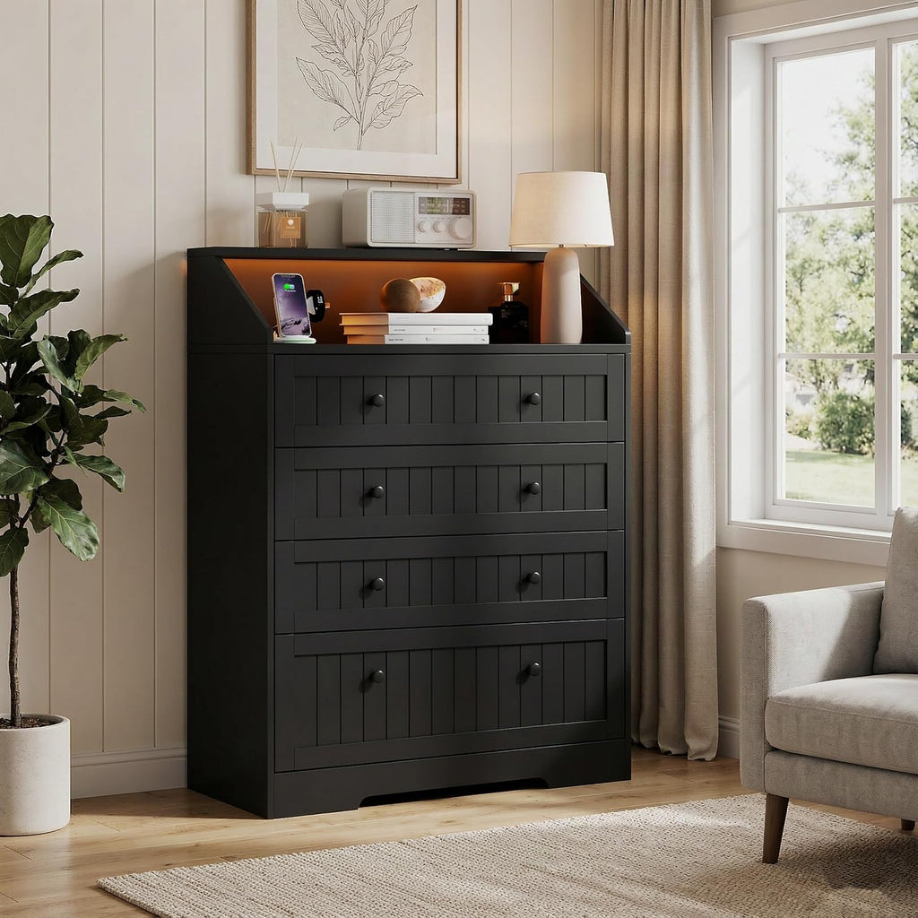 Black 5 Drawer Dresser for Bedroom, Chest of Drawers with Outlet & LED