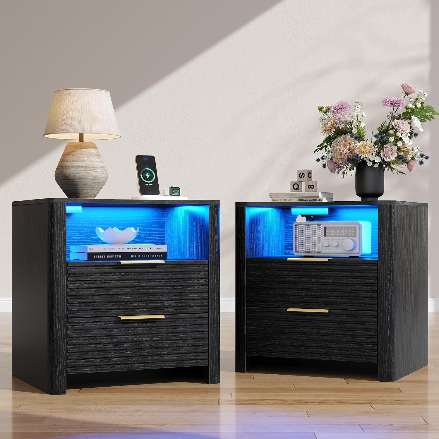 Night Stand with Charge Station Set of 2, Black Nightstand with Led Light, Modern Bedside Table with 2 Drawers and Open Storage Shelf, Fluted End Table for Bedroom, Living Room, Office (2, Black)