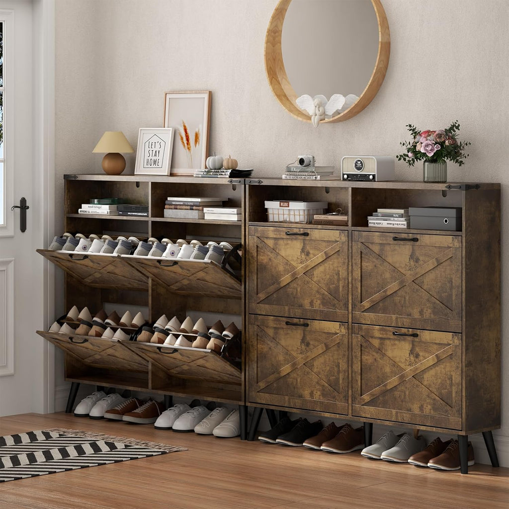 Loomie Shoe Cabinet with 4 Flip Drawers, Farmhouse Shoe Storage Cabinet with 2 Open Cubbies, Freestanding Narrow Hidden Shoe Rack Organizer with Solid Wood Legs for Entryway, Hallway (Rustic Brown)