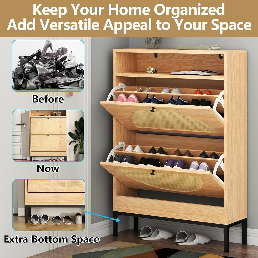 Loomie Rattan Shoe Cabinet, Free Standing Tipping Bucket Shoe Rack Organizer with 2 Flip Drawers,Modern Entryway Narrow Shoe Storage with Top Cubby, Boho Slim Hidden Cabinet with Doors (Natural)