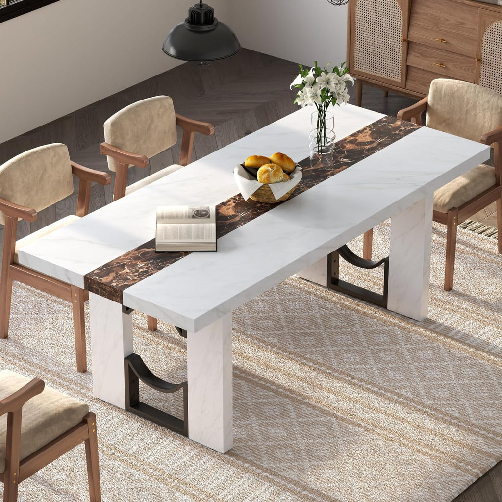 Loomie 71 Inch Dining Table for 6-8 People, Large Rectangular Kitchen Table with Marble-Color Tabletop, 6ft Luxurious Dining Room Table for Living Room, Home Office (White Marble)