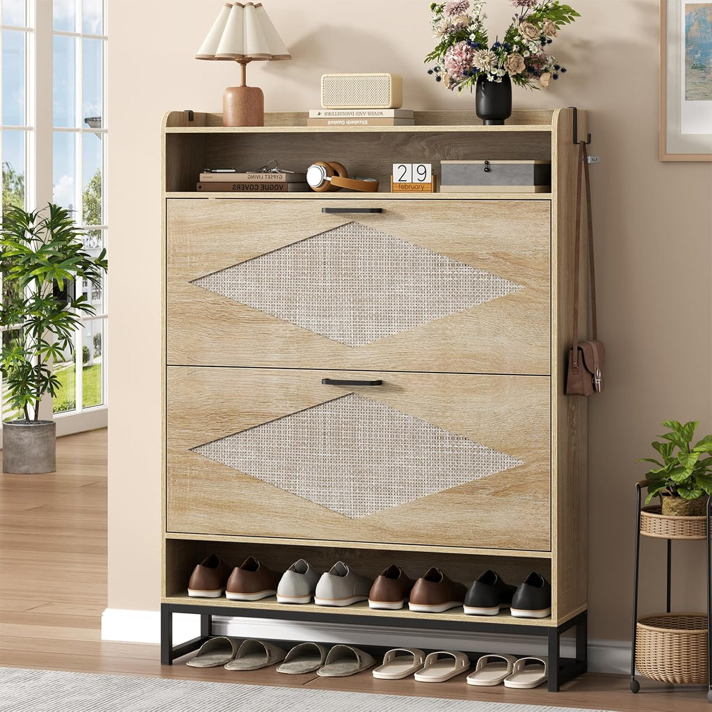 Loomie Rattan Shoe Cabinet, Shoe Storage Cabinet with 2 Flip Drawers, Hidden Shoe Storage with Top & Bottom Cubbies, 47.8" Tall Shoe Organizer Cabinet for Entryway, Hallway, Living Room (Natural)