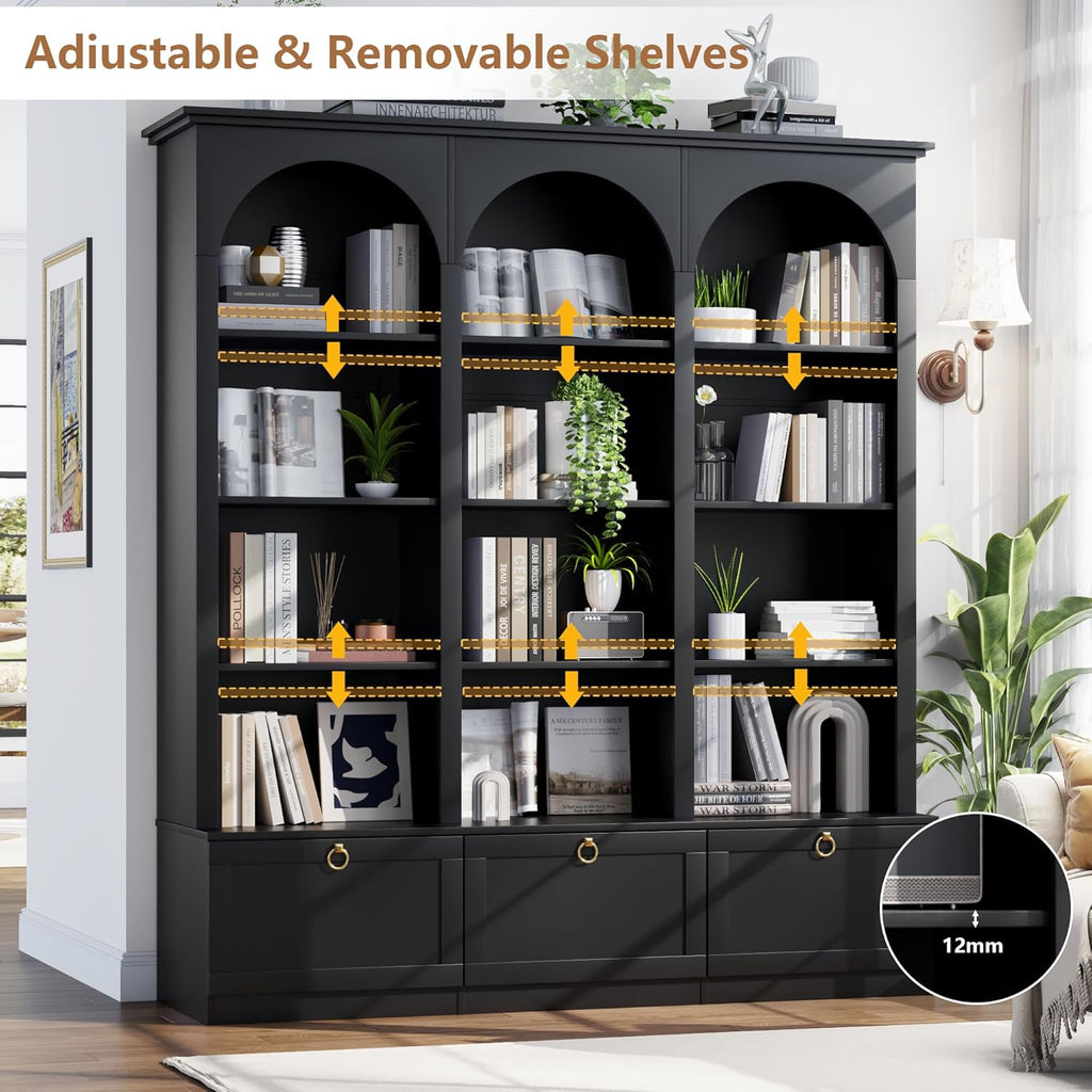 71" Triple Bookshelf with Doors, 5 Tier Tall Bookshelf with Cabinet , Large Book Shelf w/ 12 Adjustable Open Display Shelves & Anti-Tipping, 63" Wide Arched Bookcase for Living Room, Study, Black