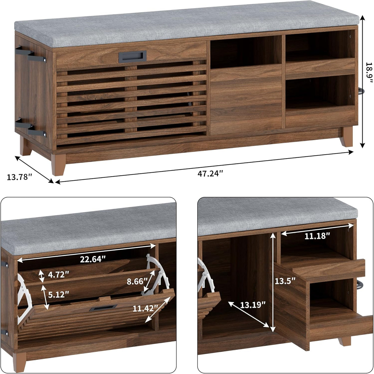 Loomie 47.2" Shoe Storage Bench with Flip Drawer, 2-Tier Entryway Bench