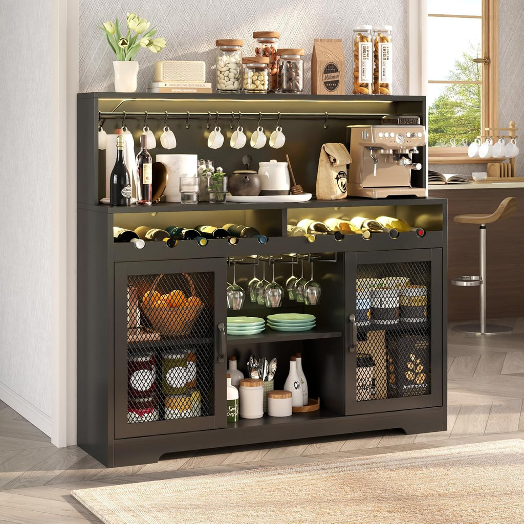 Loomie Wine Bar Cabinet with LED Light, Liquor Cabinet with Glass Holder, Coffee Bar for Liquor, Storage Buffet with Wine Racks, Wine Cabinet with Mesh Door (Black)