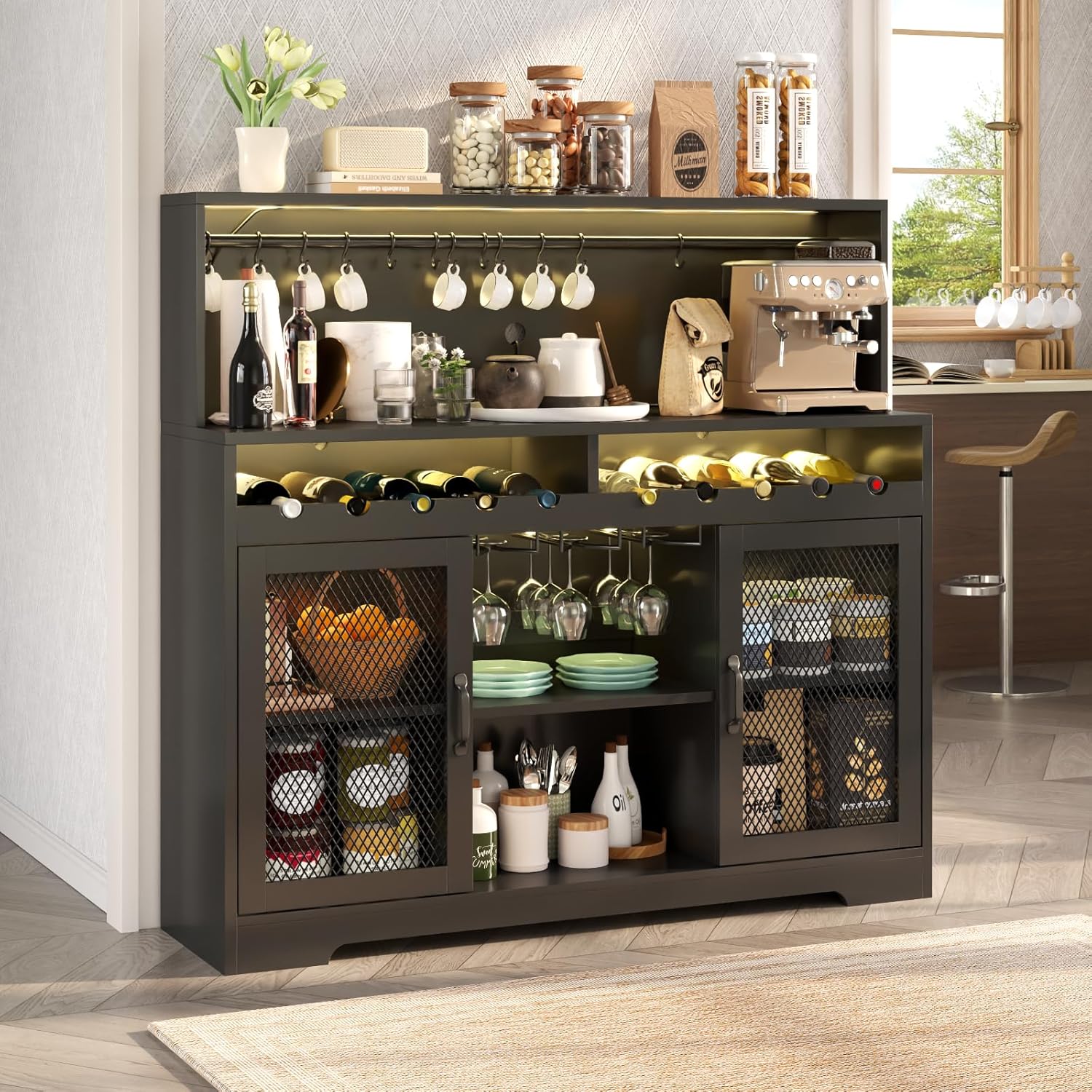 Loomie Wine Bar Cabinet with LED Light, Liquor Cabinet with Glass Holder, Coffee Bar for Liquor, Storage Buffet with Wine Racks, Wine Cabinet with Mesh Door (Black)