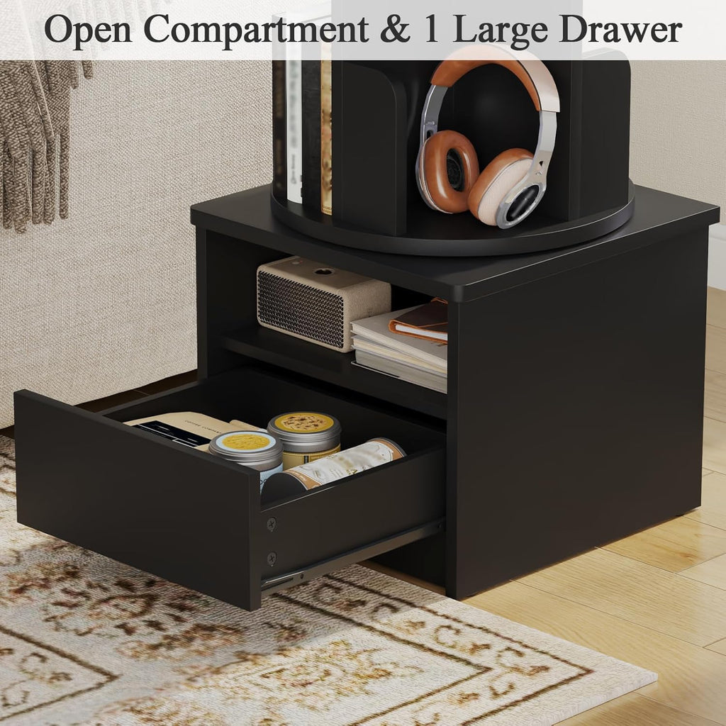 Loomie 39" Tall Nightstand with Drawer, Black Night Stand with 2 Tier Rotating Bookshelf, Bedside Table with Open Storage Shelf, End Side Table for Bedroom