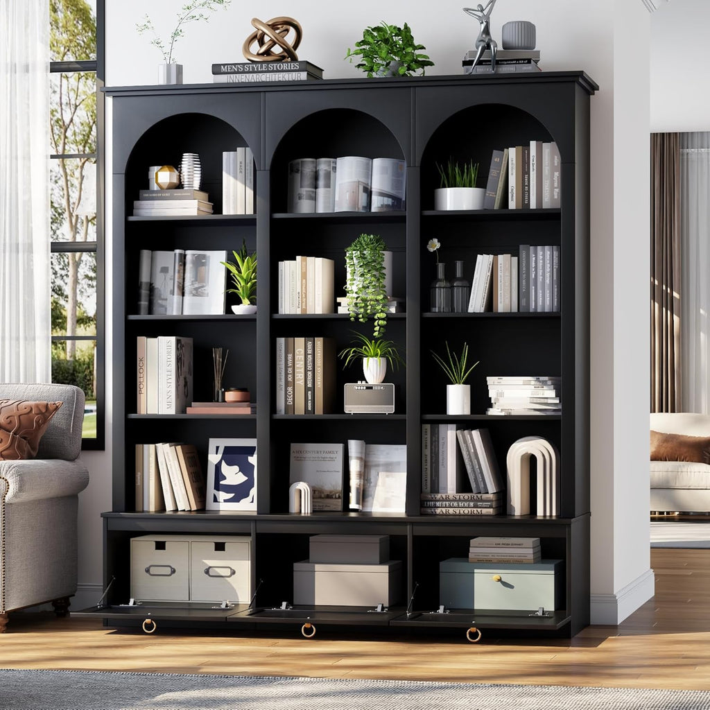 71" Triple Bookshelf with Doors, 5 Tier Tall Bookshelf with Cabinet , Large Book Shelf w/ 12 Adjustable Open Display Shelves & Anti-Tipping, 63" Wide Arched Bookcase for Living Room, Study, Black