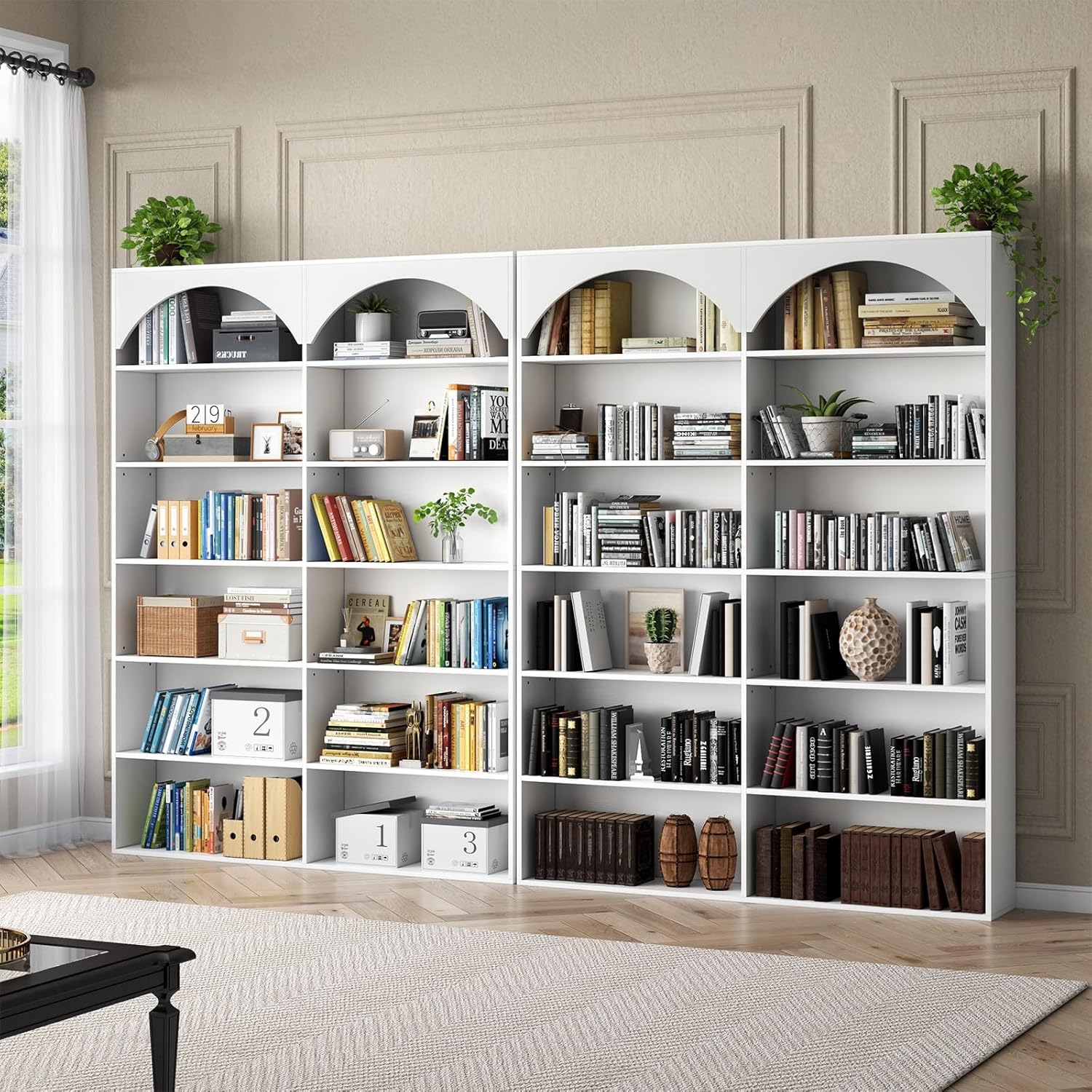Gyfimoie 70.8’’ Tall Bookshelf and Bookcase, 7-Tier Double Wide Bookcase Modern Large Open Display Shelves with Curved Baffle for Home Office Living Room (White)
