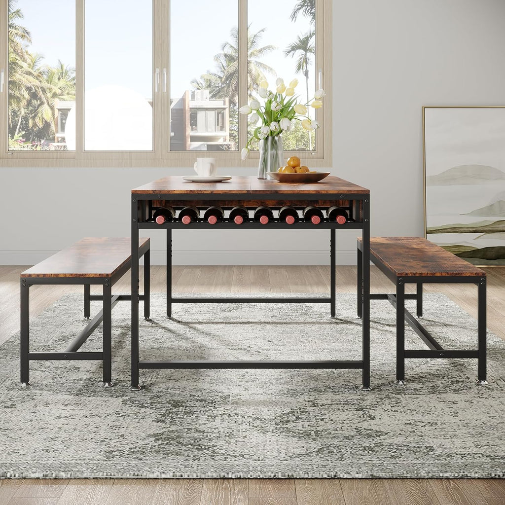 Loomie 63" Dining Table Set for 4-6, 3-Piece Kitchen Table with 2 Utensil Drawers, 2 Benches & Wine Rack, Modern Space Saving & Heavy Duty Dinner Table Set with Metal Frame & MDF Board,Rustic Brown