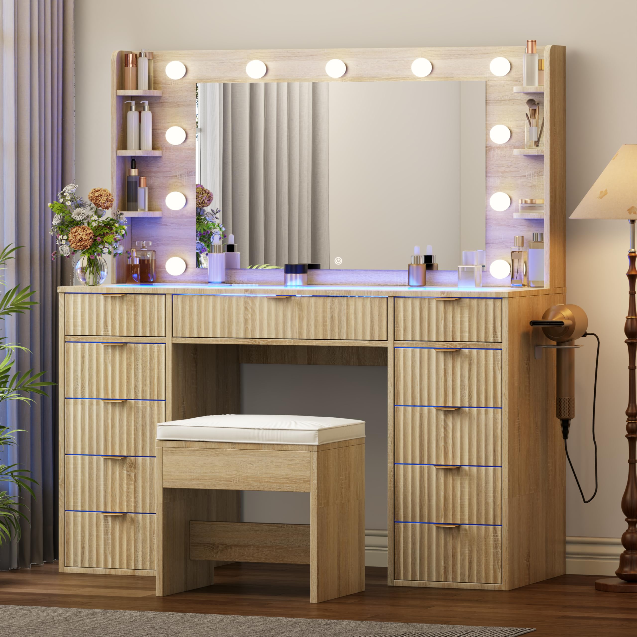 Vanity Desk with Glass Top and 11 LED Bulbs,Makeup table with Large Mirror & Power Outlet,Hair Dryer Holder,Dressing Table with 11 Drawers & Cushioned Stool for Women and Girls,Bedroom (White)