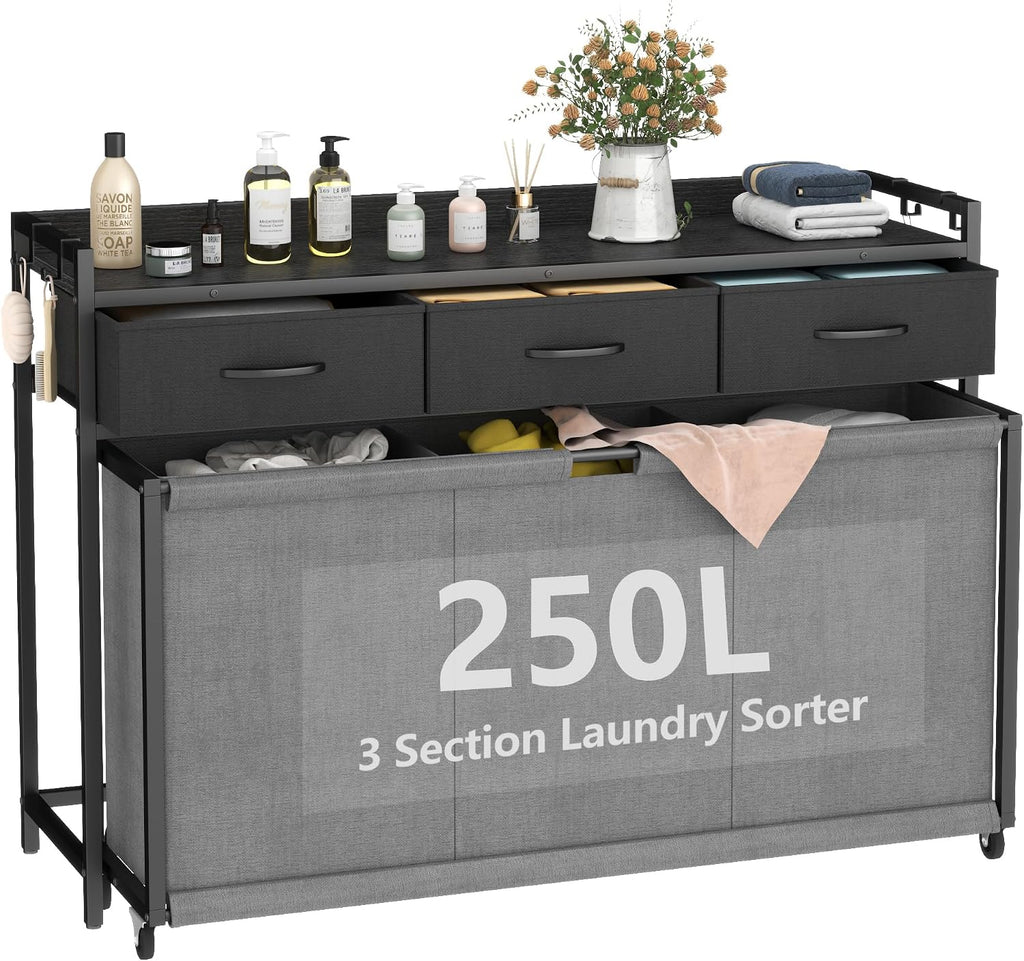 Laundry Hamper Laundry Basket with 3 Section 250L Pull-Out Rolling Bags