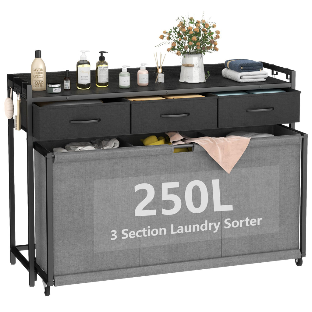STIKELY Laundry Hamper Laundry Basket with 3 Section Pull-Out Rolling Bags, Laundry Sorter for Organization and Storage with 2 Pull-Out Drawers for Laundry Room, Bathroom, Bedroom Use (Black)