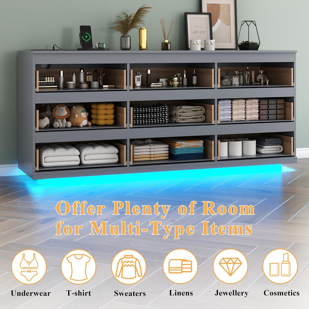 Gyfimoie 9 Drawer Dresser with Power Outlet, Floating White Dresser Chest of Drawer with LED Light,Modern Double Wide Drawer Organizer Cabinet for Bedroom,Living Room