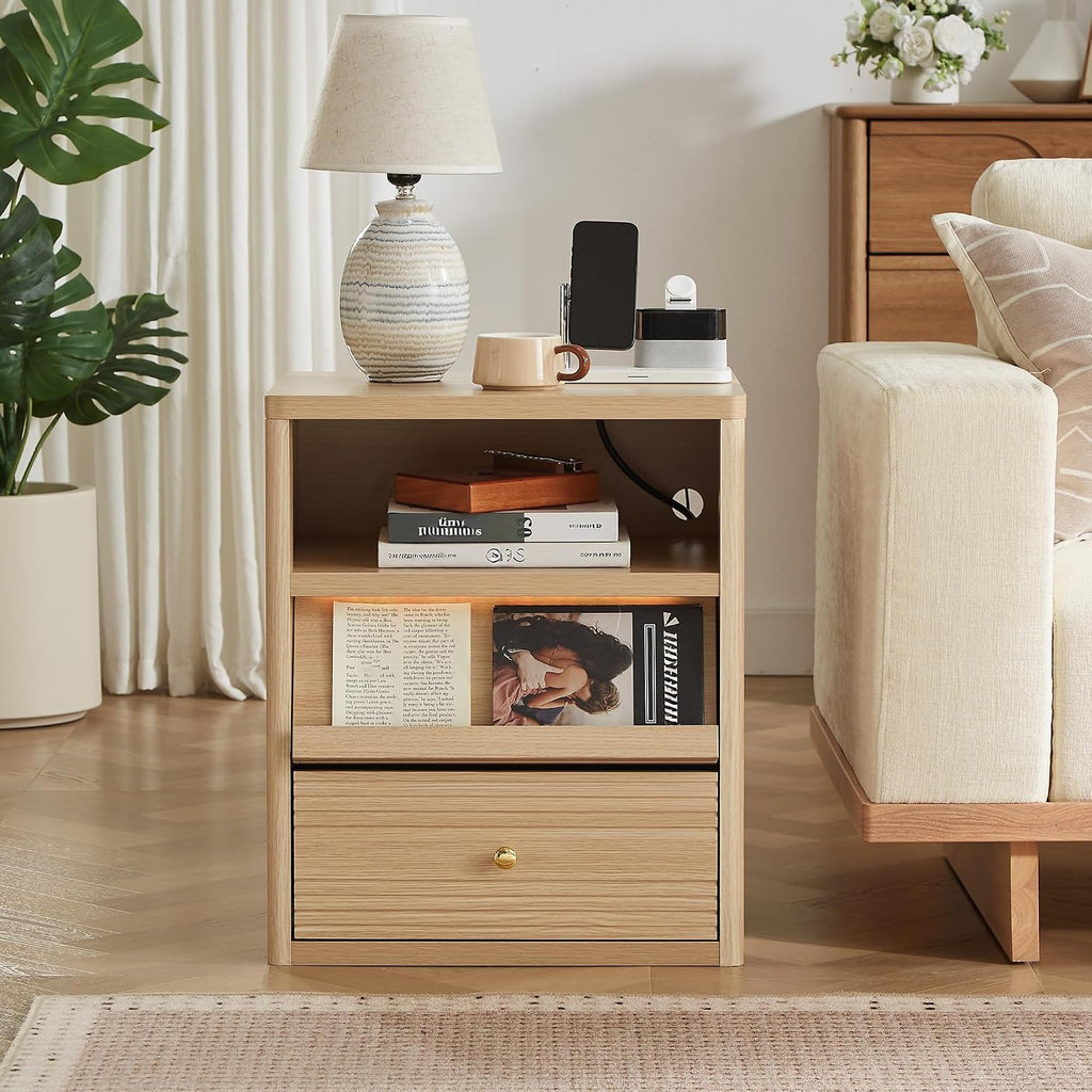 Gyfimoie Nightstand with Charging Station, End Table wiht LED Lights, Bedside Table with 2 Drawer, Night Stand with Open Shelf, Bedside Table for Bedroom