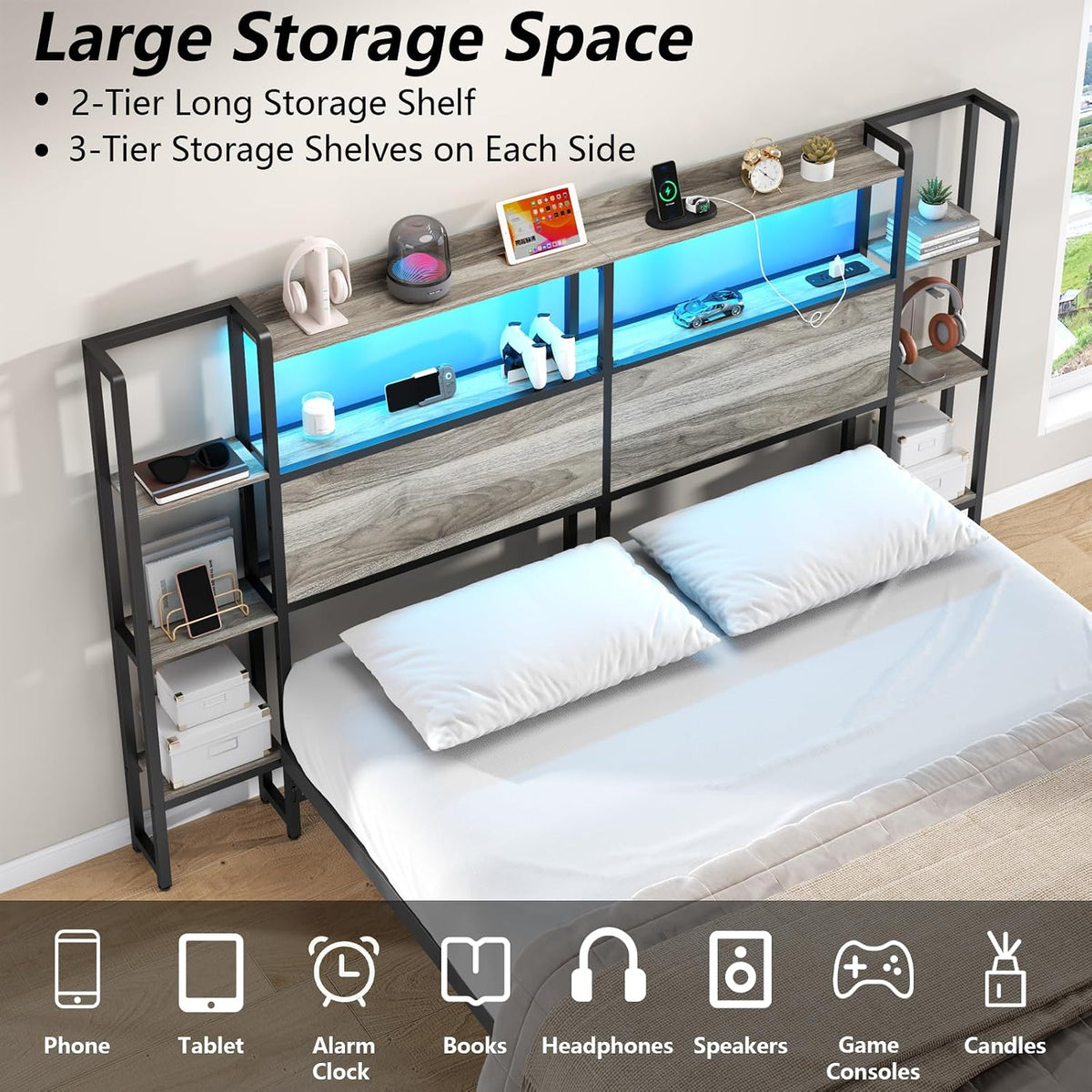 Loomie Headboard for Queen Size Bed with Storage, Headboards with LED Lights & Charging Station, Queen Size Head Board Only with Side 3-Tier Shelves & Bed Adapter for Bedroom,Height Adjustable