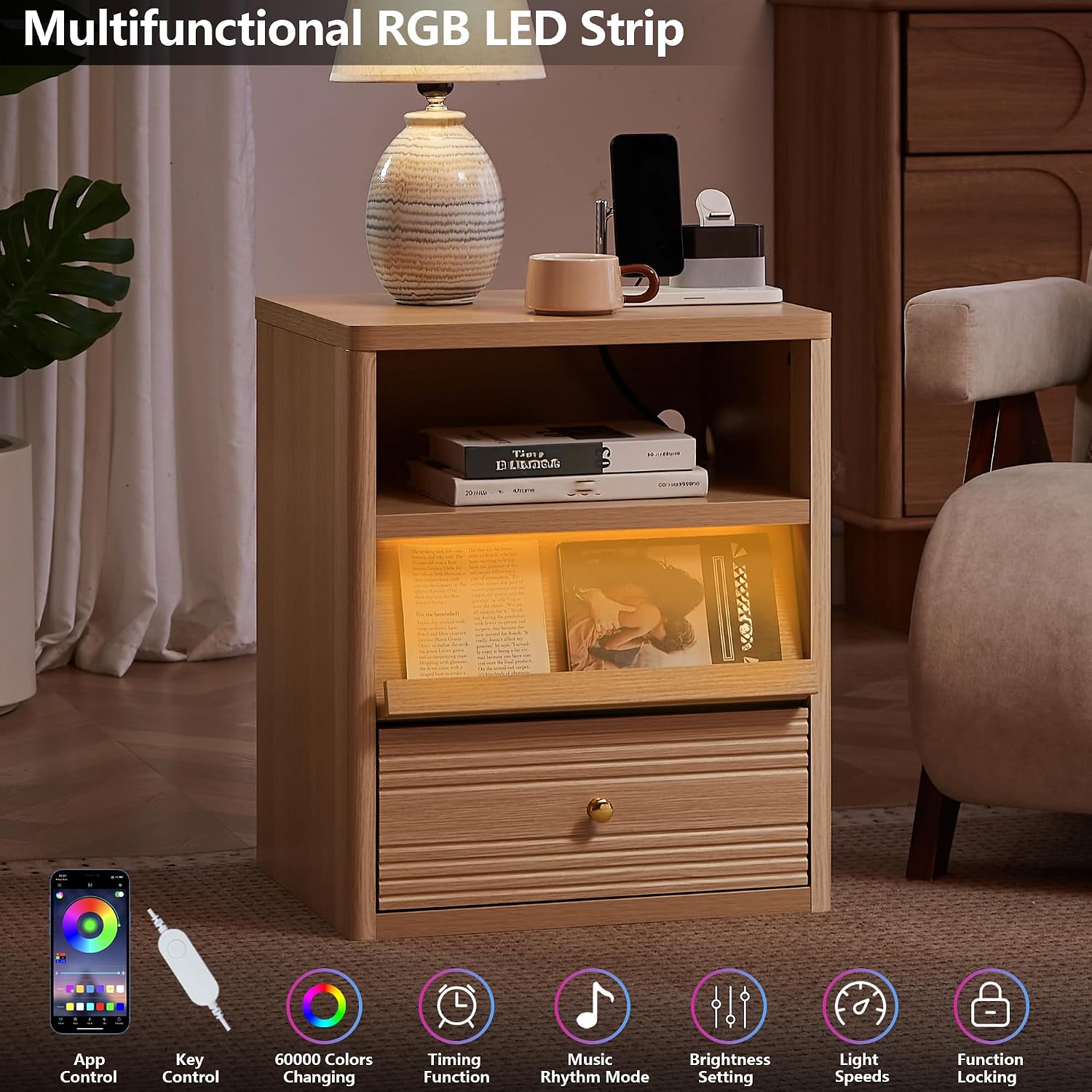 Gyfimoie Nightstand with Charging Station, End Table wiht LED Lights, Bedside Table with 2 Drawer, Night Stand with Open Shelf, Bedside Table for Bedroom