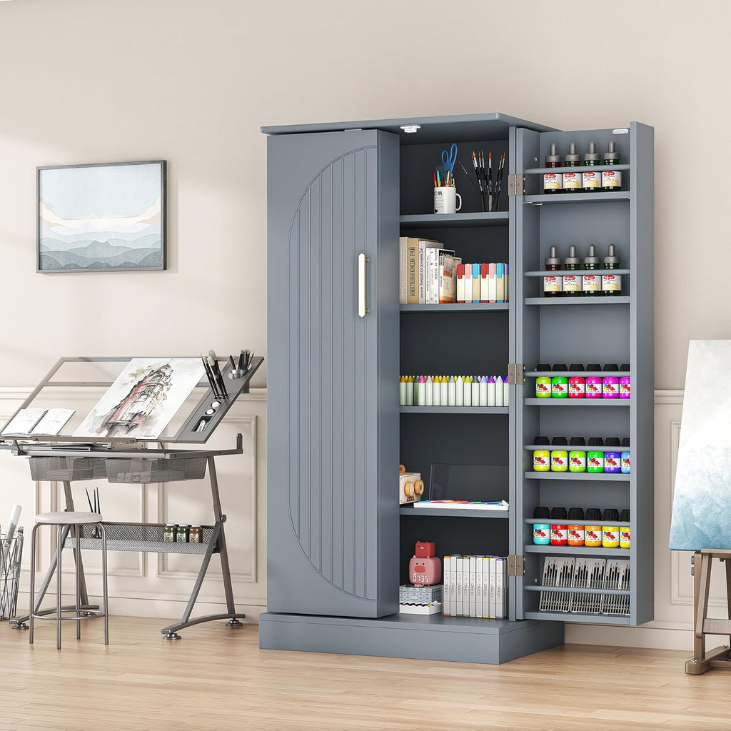 47” Kitchen Pantry Cabinets, Freestanding Kitchen Pantry Storage Cabinet with Doors and Adjustable Shelves, Buffet Cupboards Storage Cabinet for Home Office Use (Grey)