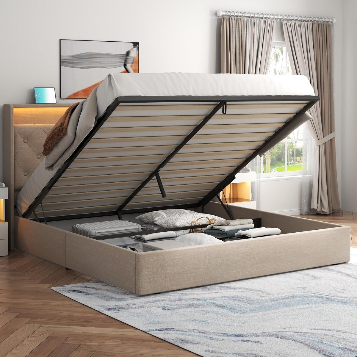 Queen Lift Up Storage Bed Frame w/Charging Station & LED Lights,Beige