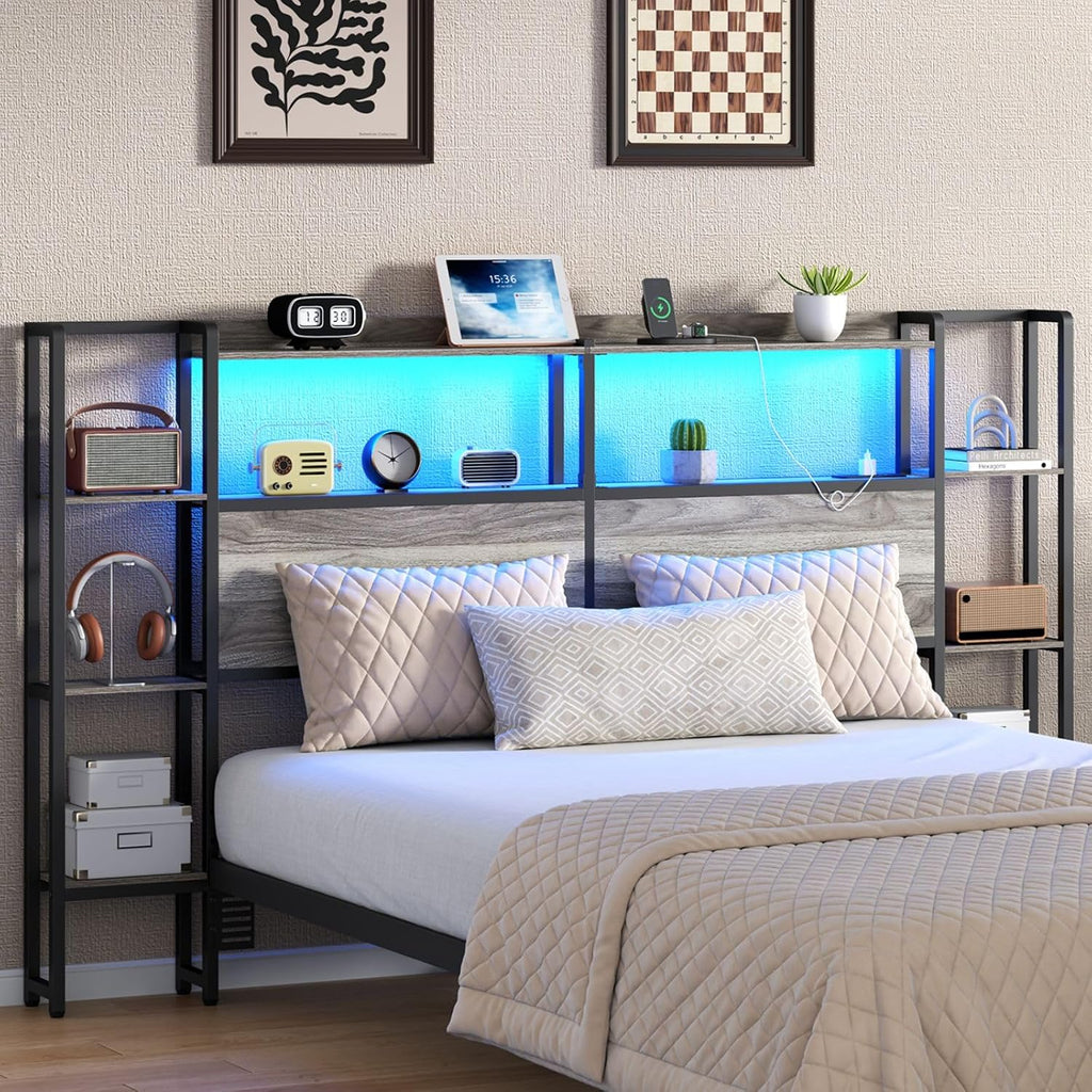 Loomie Headboard for Queen Size Bed with Storage, Headboards with LED Lights & Charging Station, Queen Size Head Board Only with Side 3-Tier Shelves & Bed Adapter for Bedroom,Height Adjustable