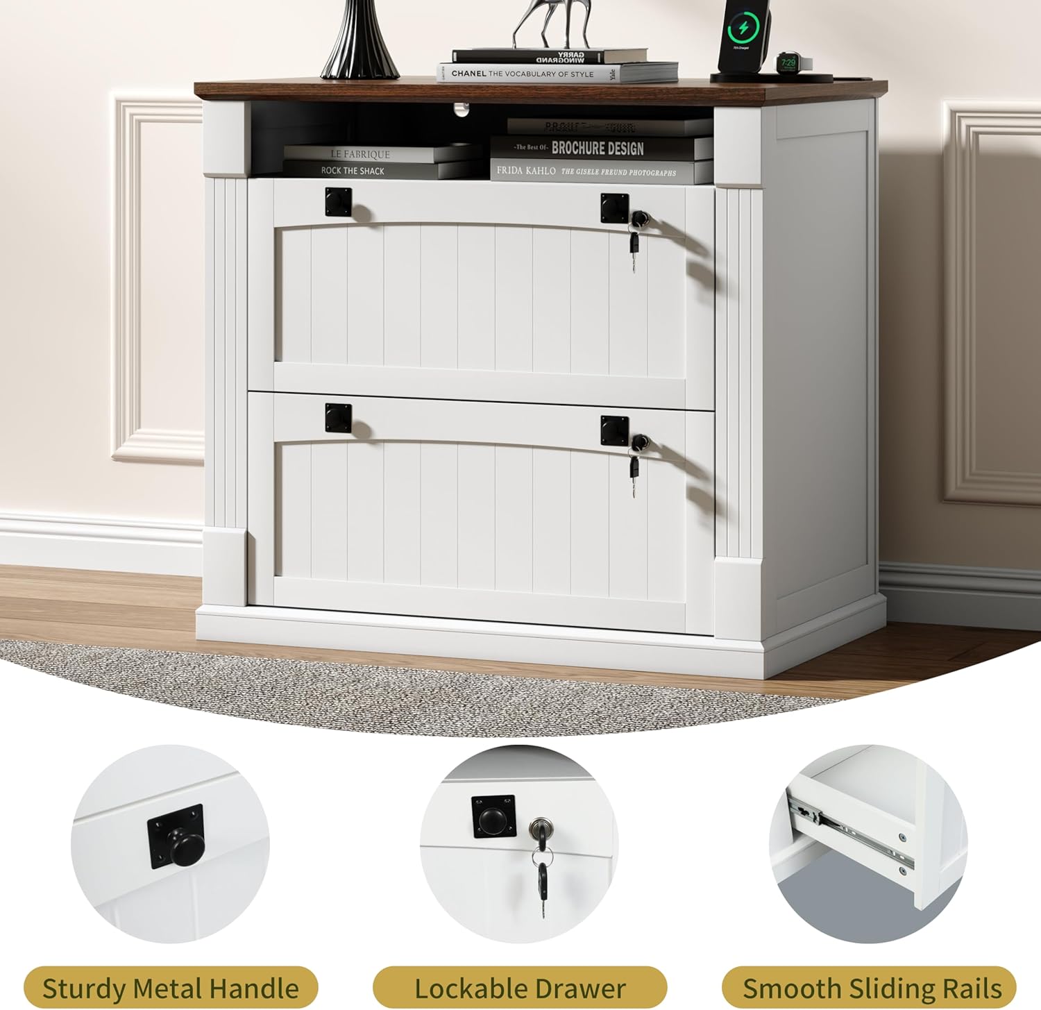 Loomie White 2 Drawer File Cabinet with Lock & Charging Station,37'' Farmhouse Lateral Filing Cabinet with Open Storage Shelves for Home Office,Wood Printer Stand for Files/Letter/Legal/A4/F4 Size