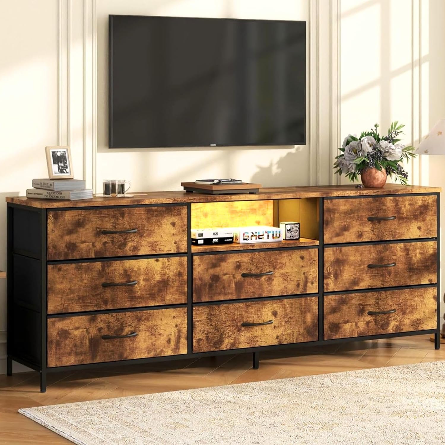 Loomie 63 Inch Dresser for Bedroom, Wide Long Fabric Dresser with LED Lights & 8 Drawers, Large TV Stand for 55, 65, 70 Inch TV, Entertainment Center with Storage (Rustic Brown)