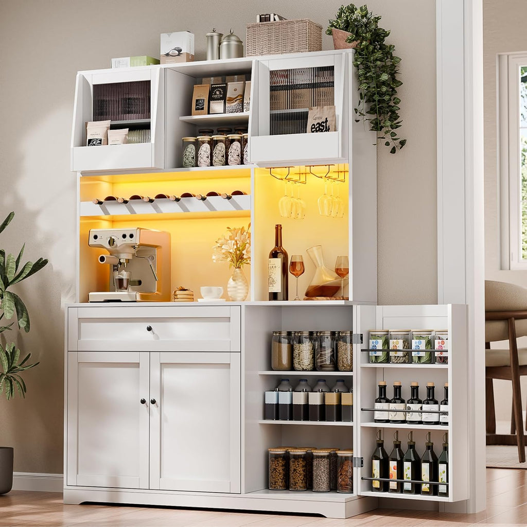 71" Tall Kitchen Pantry Storage Cabinet with 2 Sliding Doors & Outlet,Modern Kitchen Hutch Cabinet with LED Light & Drawers,Wood Food Pantry with Wine Rack & Glass Holder,Cupboard for Dining Room