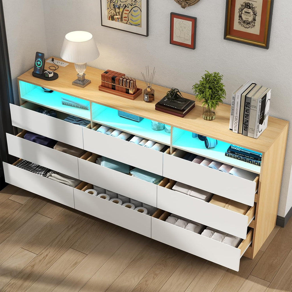 Loomie 9 Drawers Dresser, 63'' White Chests of Drawers with Power Outlet, Accent Large Double Dresser with LED Light, Modern Storage Dresser for Bedroom, Living Room (White&Light Walnut)