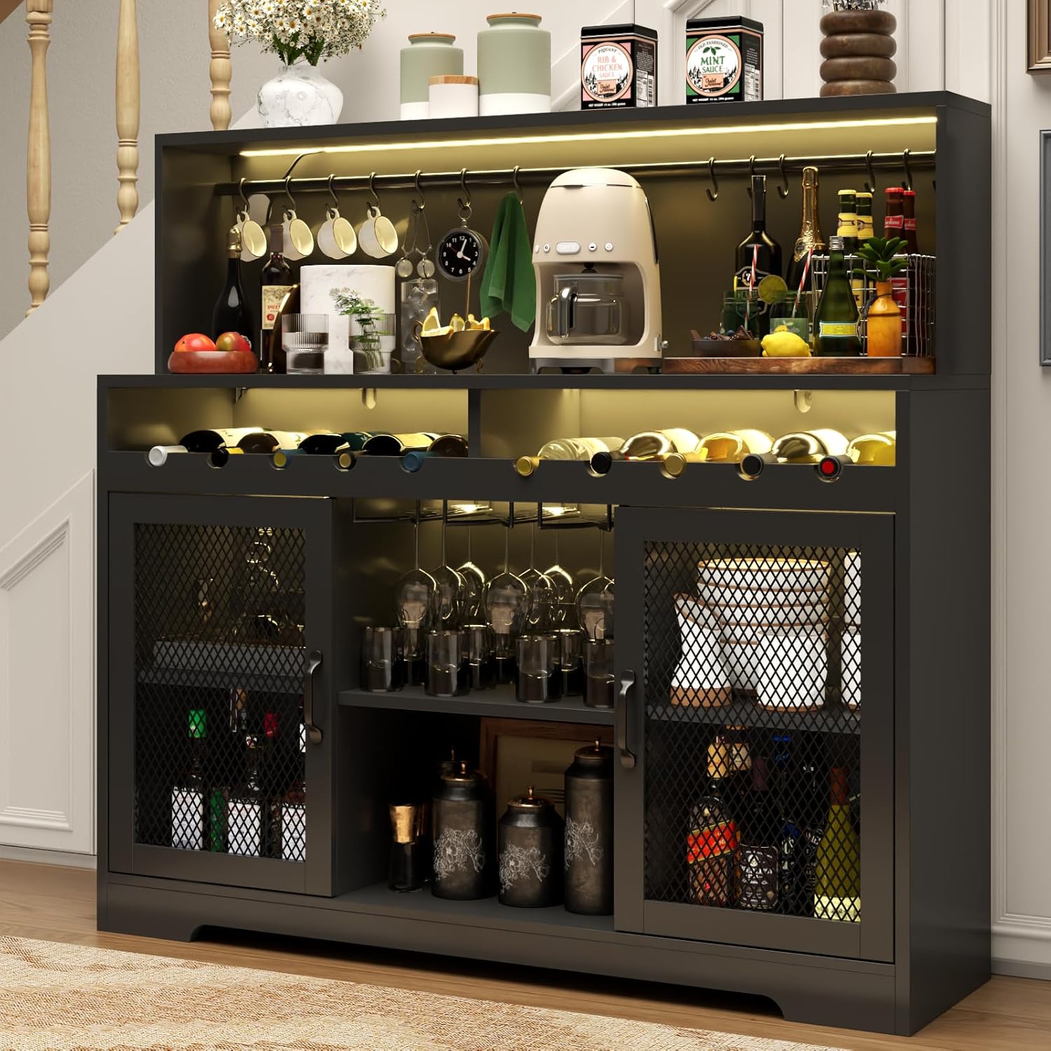 Loomie Wine Bar Cabinet with LED Light, Liquor Cabinet with Glass Holder, Coffee Bar for Liquor, Storage Buffet with Wine Racks, Wine Cabinet with Mesh Door (Black)
