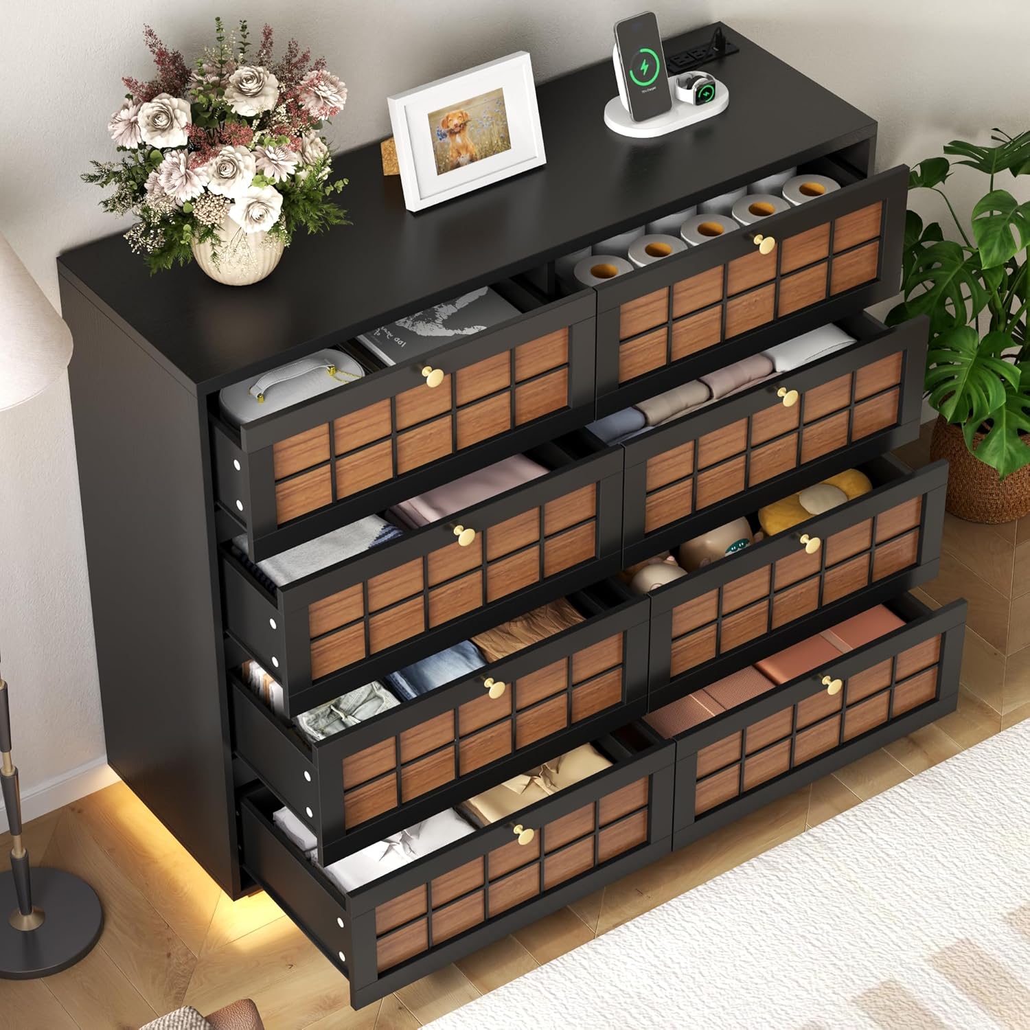 Floating 8 Drawer Dresser for Bedroom, LED Chest of Drawers with Charging Station, Brown Plaid Fronts & Gold Metal Knobs, Modern Dresser TV Stand Storage Organizer for Living Room Hallway Closet