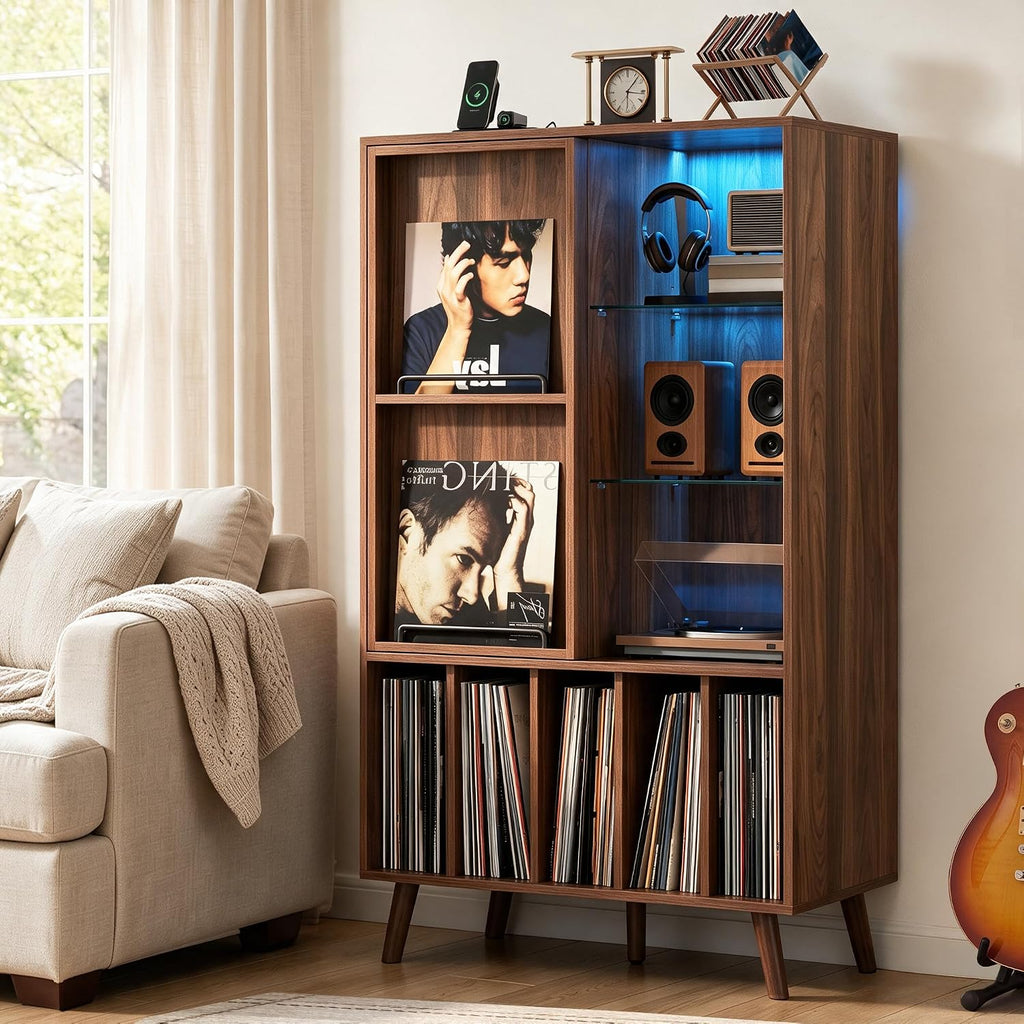 Large Record Player Stand w/Power Outlet & LED Lights, Holds Up 350+ Albums