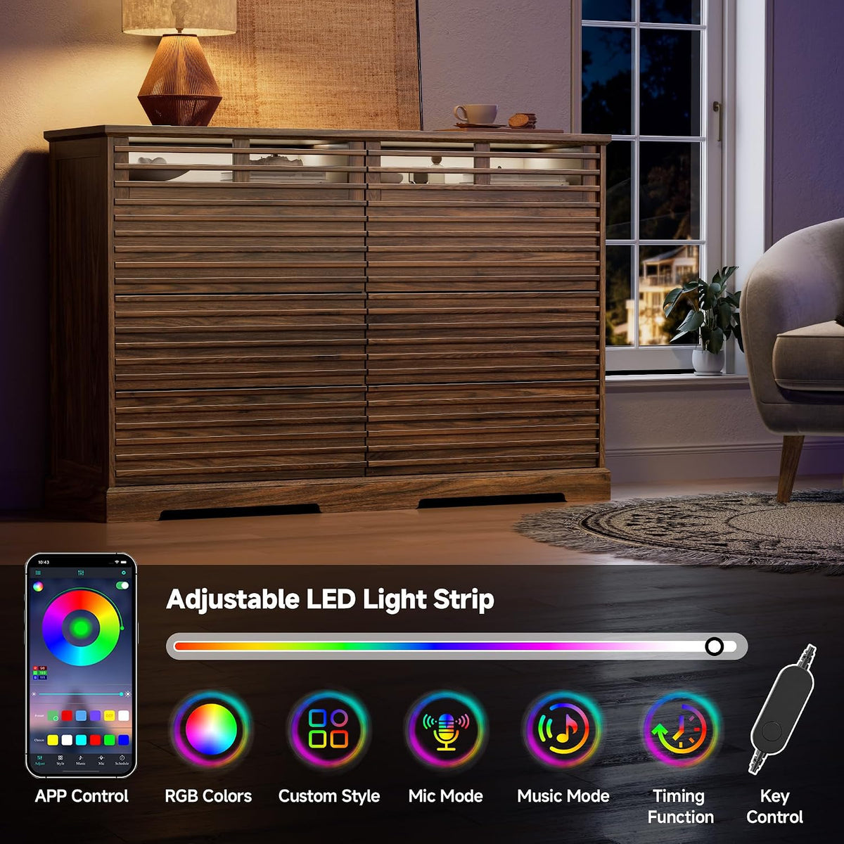 Loomie 52" W Fluted 8 Drawer Dresser with LED Light