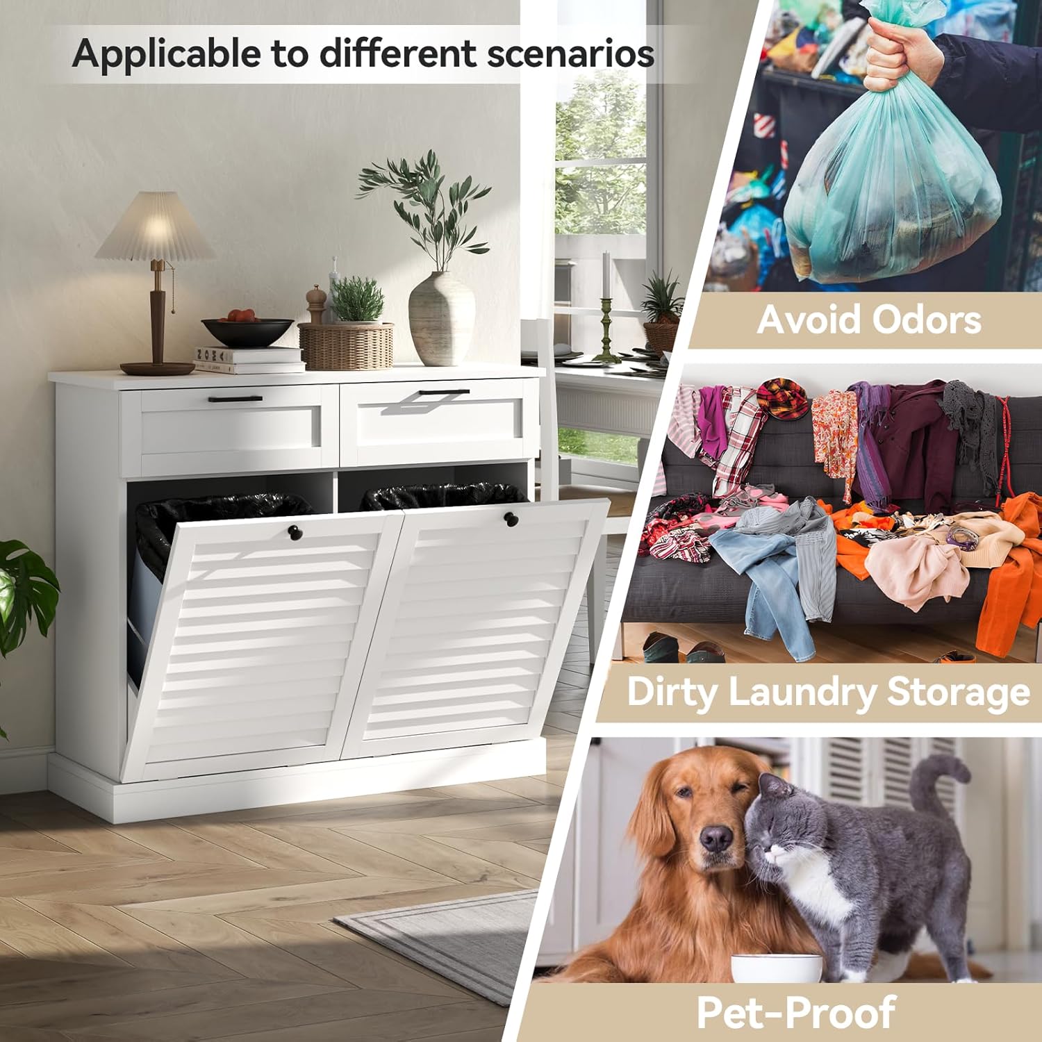 Double Tilt Out Laundry Hamper Cabinet, 30 Gallon Trash Can Cabinet with Shutter Front & 2 Drawers, Hidden Garbage Can Bin Cabinets with 2 Laundry Storage Basket for Bathroom, Kitchen (White, Full)