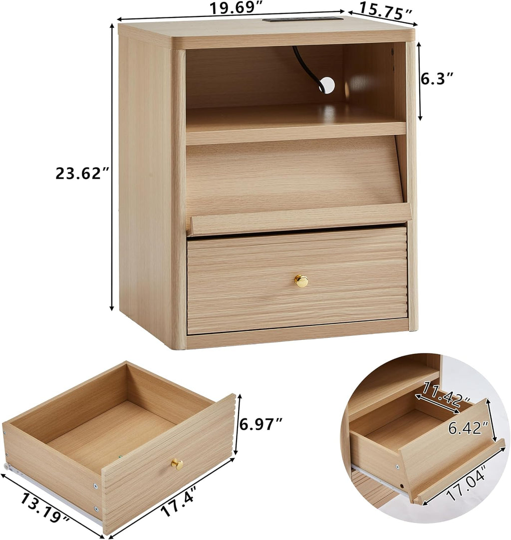 Gyfimoie Nightstand with Charging Station, End Table wiht LED Lights, Bedside Table with 2 Drawer, Night Stand with Open Shelf, Bedside Table for Bedroom