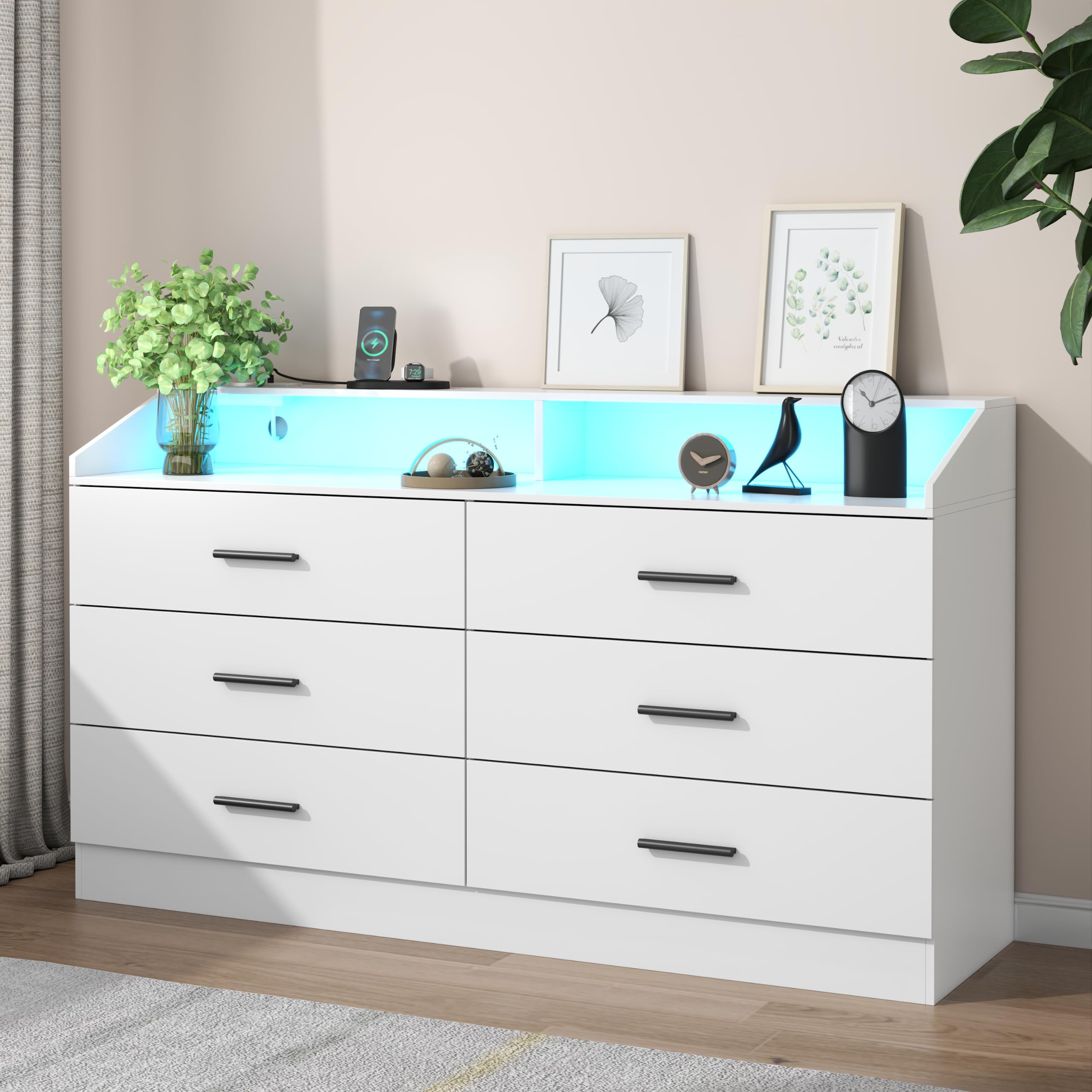 Gyfimoie 4 Drawers Dresser with Power Outlet, Chest of Drawers with LED Light, White Dresser Organizer with Open Storage Cubby, Modern Nightshatnd for Bedroom, Living Room, Entryway, Hallway