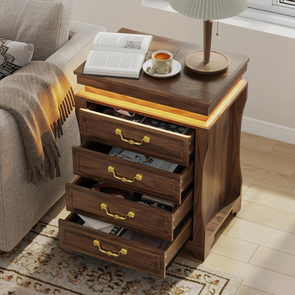 Night Stand with Hidden Gun Drawer, Walnut Bedside Table with Charge Station & LED Lights, Modern End Table with 4 Drawers, Nightstands for Bedroom, Living Room