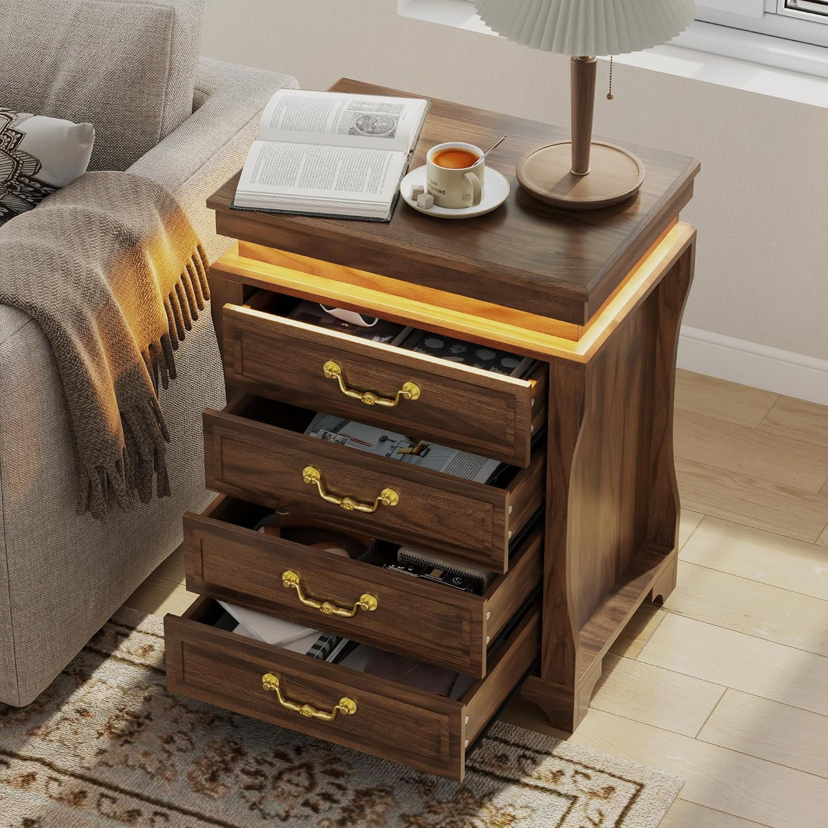 Night Stand with Hidden Gun Drawer, Walnut Bedside Table with Charge Station & LED Lights, Modern End Table with 4 Drawers, Nightstands for Bedroom, Living Room