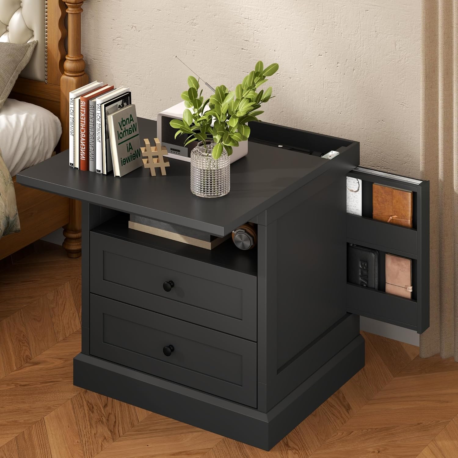 Gyfimoie Nightstand with Hidden Storage Space, Night Stand, End Table with Side Drawer, Bedside Table with Open Shelf, 2 Drawers Dresser for Bedroom, Living Room, Closet (Black)