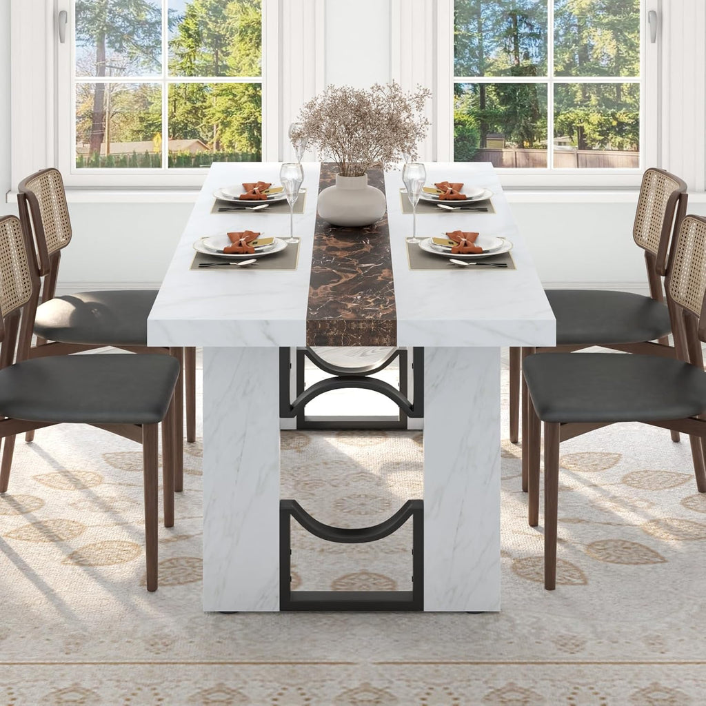 Loomie 71 Inch Dining Table for 6-8 People, Large Rectangular Kitchen Table with Marble-Color Tabletop, 6ft Luxurious Dining Room Table for Living Room, Home Office (White Marble)