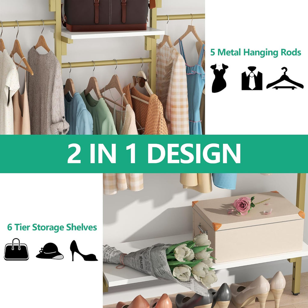 White/Gold Wall Mount Clothes Rack with 5 Hanging Rods, 6 Storage Shelves