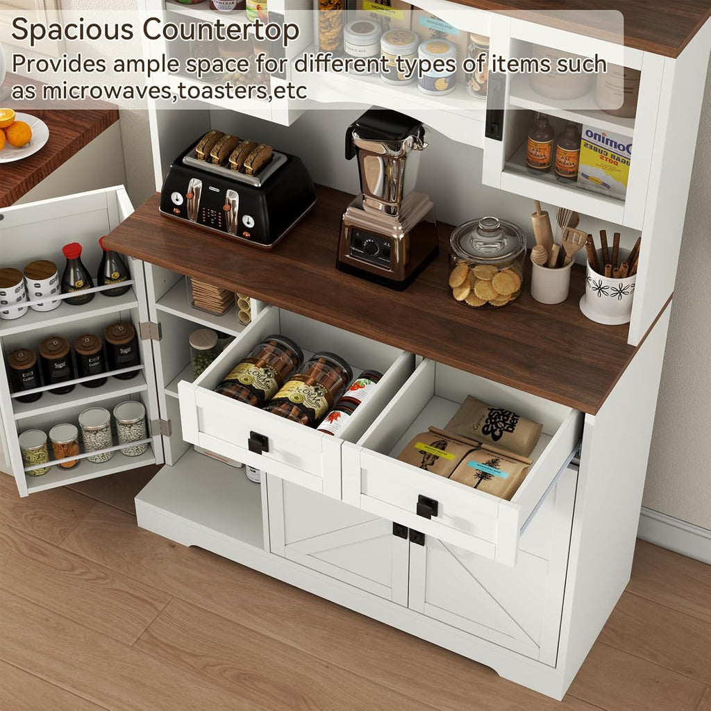 Loomie 59" Farmhouse Buffet Cabinets with Storage,Buffet Sideboard Cabinet with Drawers and Glass Door,Freestanding Coffee Bar with Adjustable Shelves for Dining Room,Kitchen,(White)