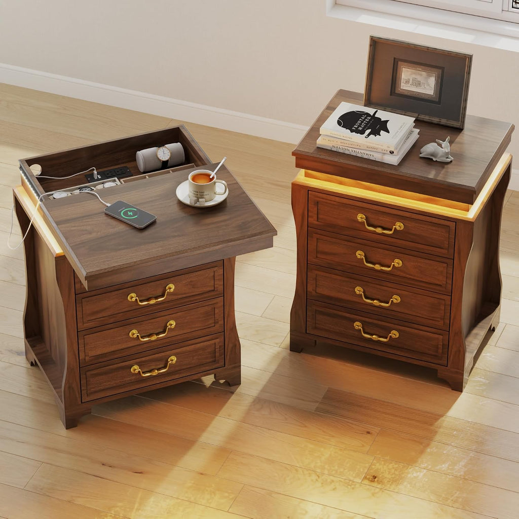 Night Stand with Hidden Gun Drawer, Walnut Bedside Table with Charge Station & LED Lights, Modern End Table with 4 Drawers, Nightstands for Bedroom, Living Room