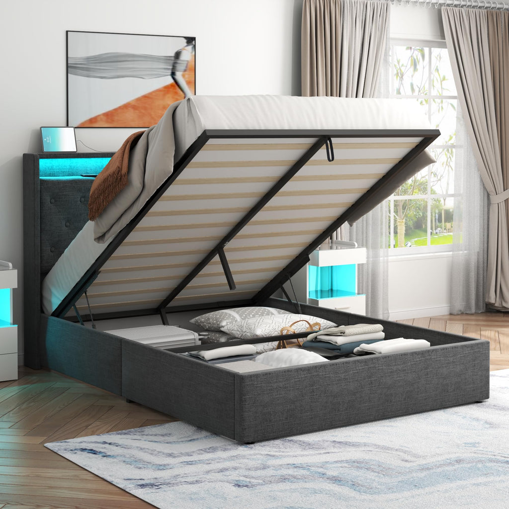 Queen Lift Up Storage Bed Frame w/Charging Station & LED Lights,Beige