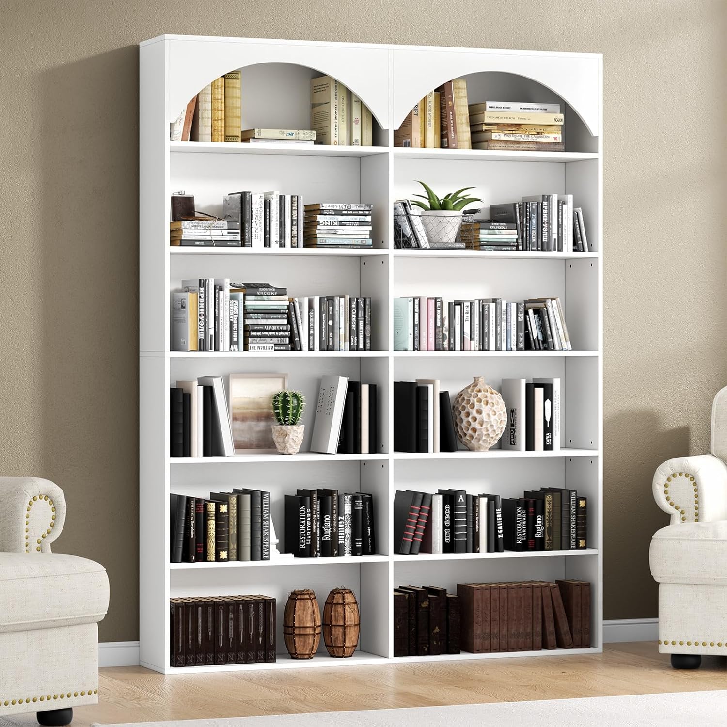 Gyfimoie 70.8’’ Tall Bookshelf and Bookcase, 7-Tier Double Wide Bookcase Modern Large Open Display Shelves with Curved Baffle for Home Office Living Room (White)