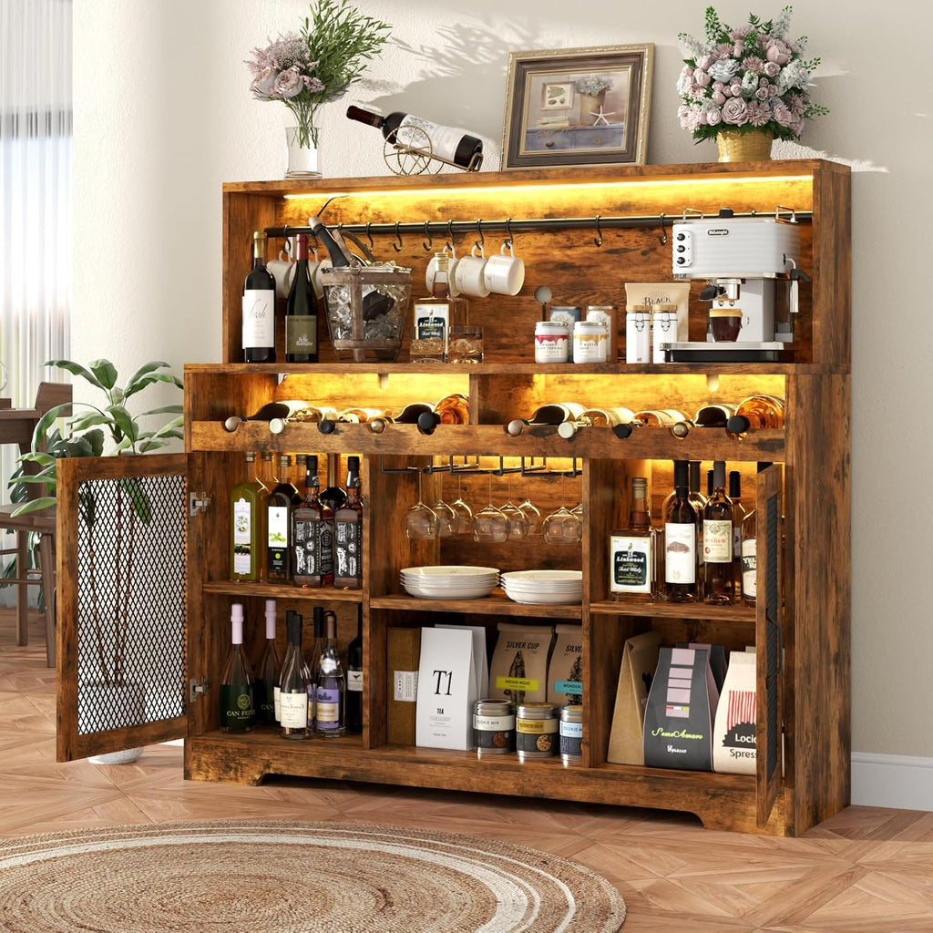 Loomie Wine Bar Cabinet with LED Light, Liquor Cabinet with Glass Holder, Coffee Bar for Liquor, Storage Buffet with Wine Racks, Wine Cabinet with Mesh Door (Rustic)
