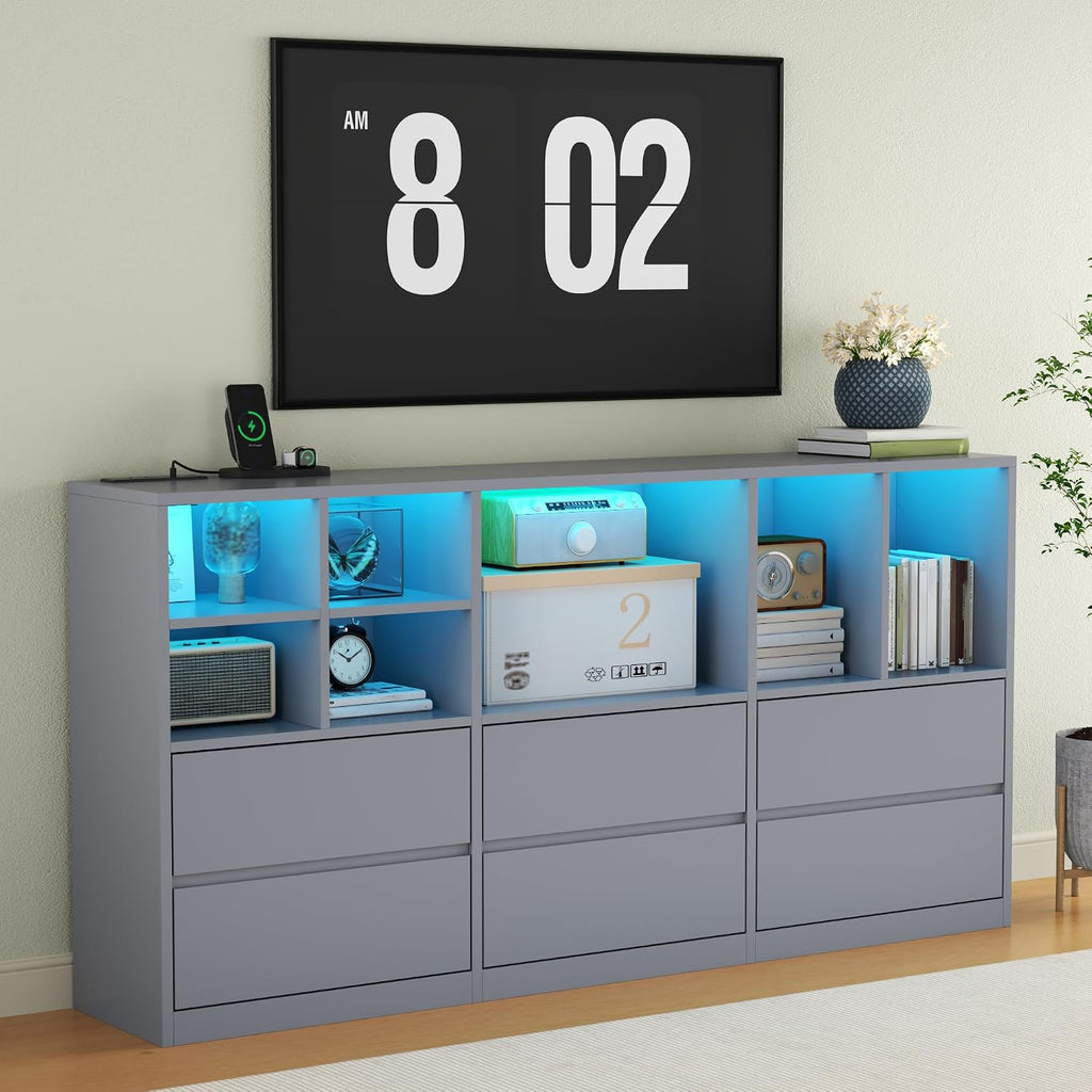 Grey Dresser for Bedroom, 63” Chest of Drawers with Charging Station