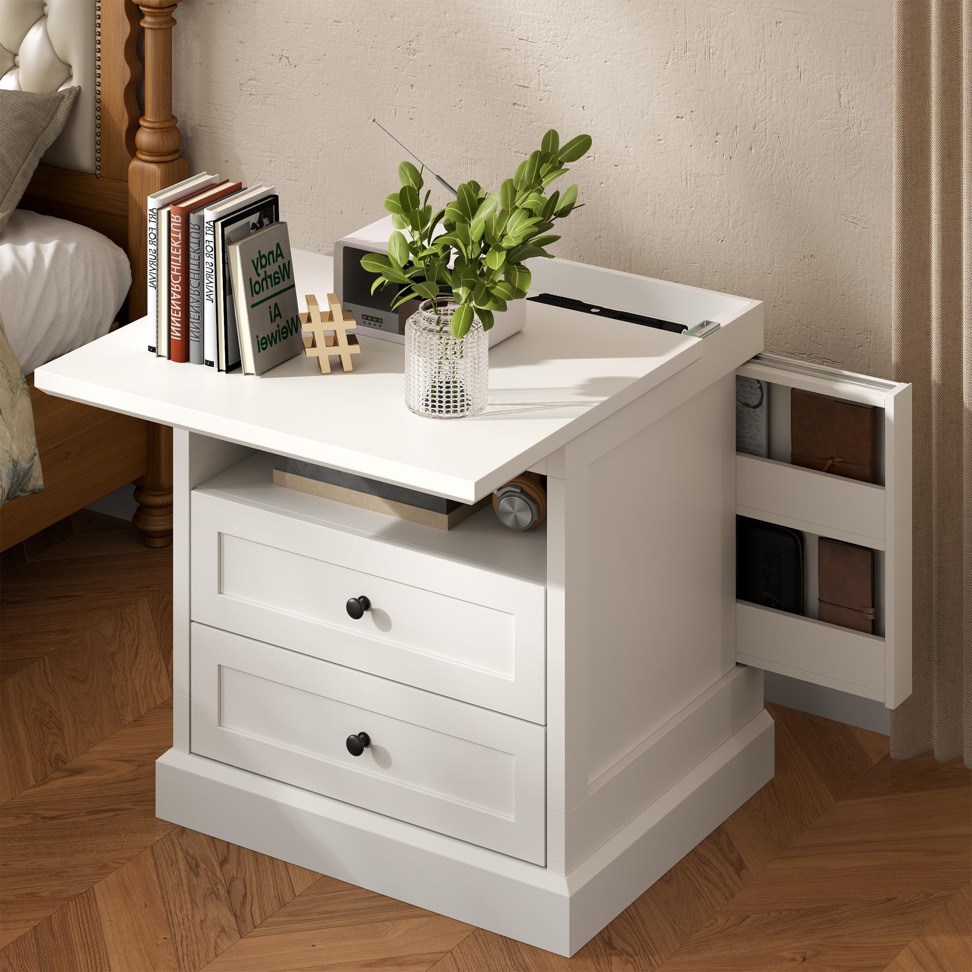 Gyfimoie Nightstand with Hidden Storage Space, Night Stand, End Table with Side Drawer, Bedside Table with Open Shelf, 2 Drawers Dresser for Bedroom, Living Room, Closet (Black)