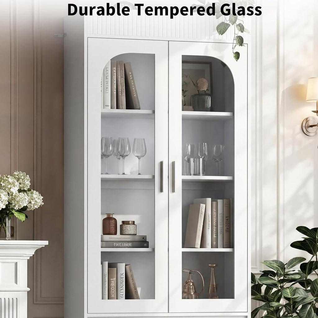 Fluted 4-Tier Bookcase with Seating, Glass Doors & Top Storage Shelf, 78.7" Tall Bookshelf with Drawer & Bottom Cabinet, Modern Display Cabinet Book Shelf for Living Room, Study & Home Office (White)